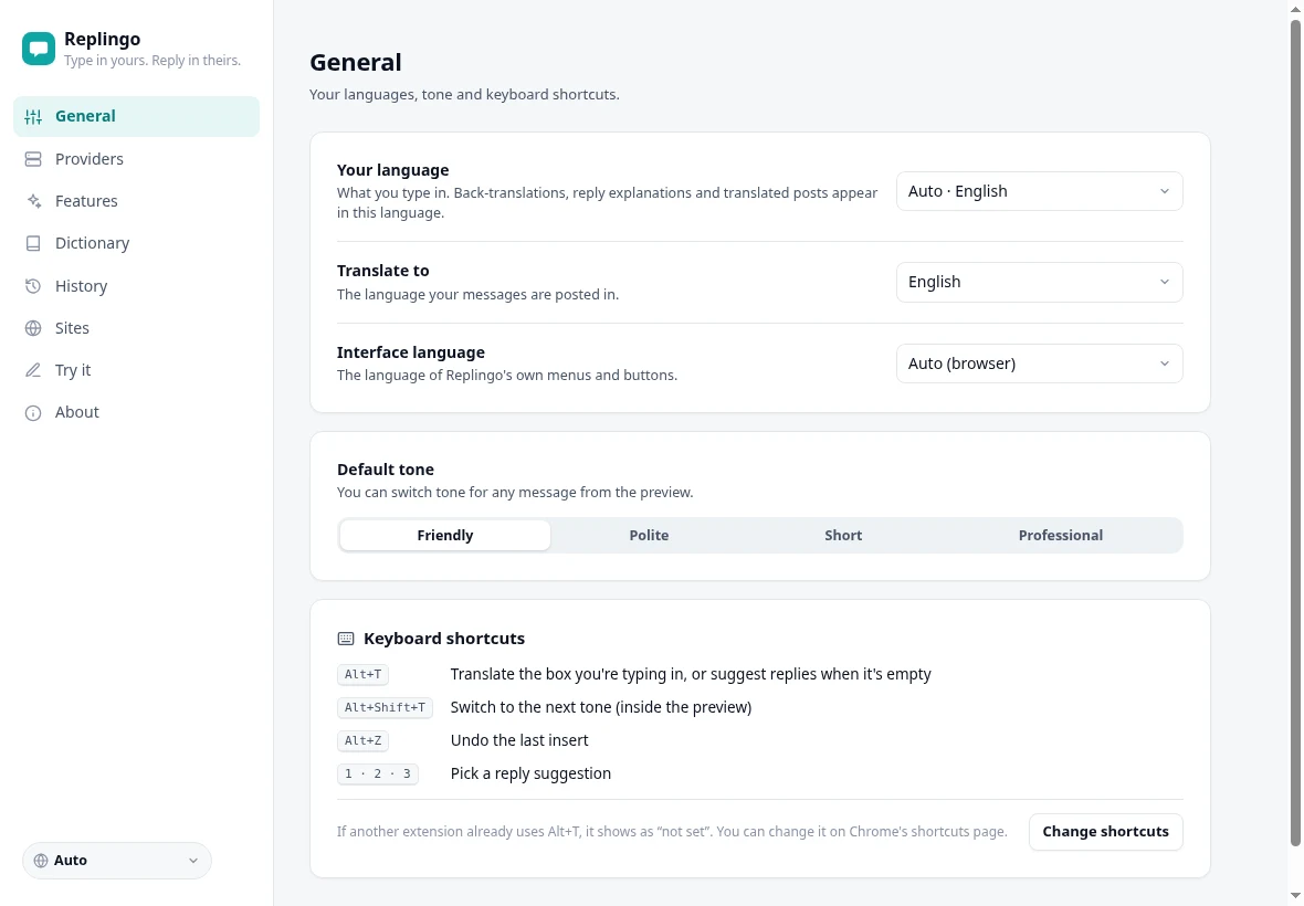 Replingo settings screen