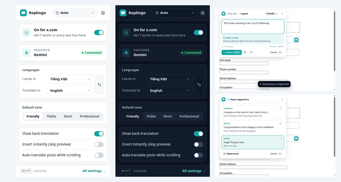 Replingo popup in light and dark mode, with in-page translate and reply suggestion cards