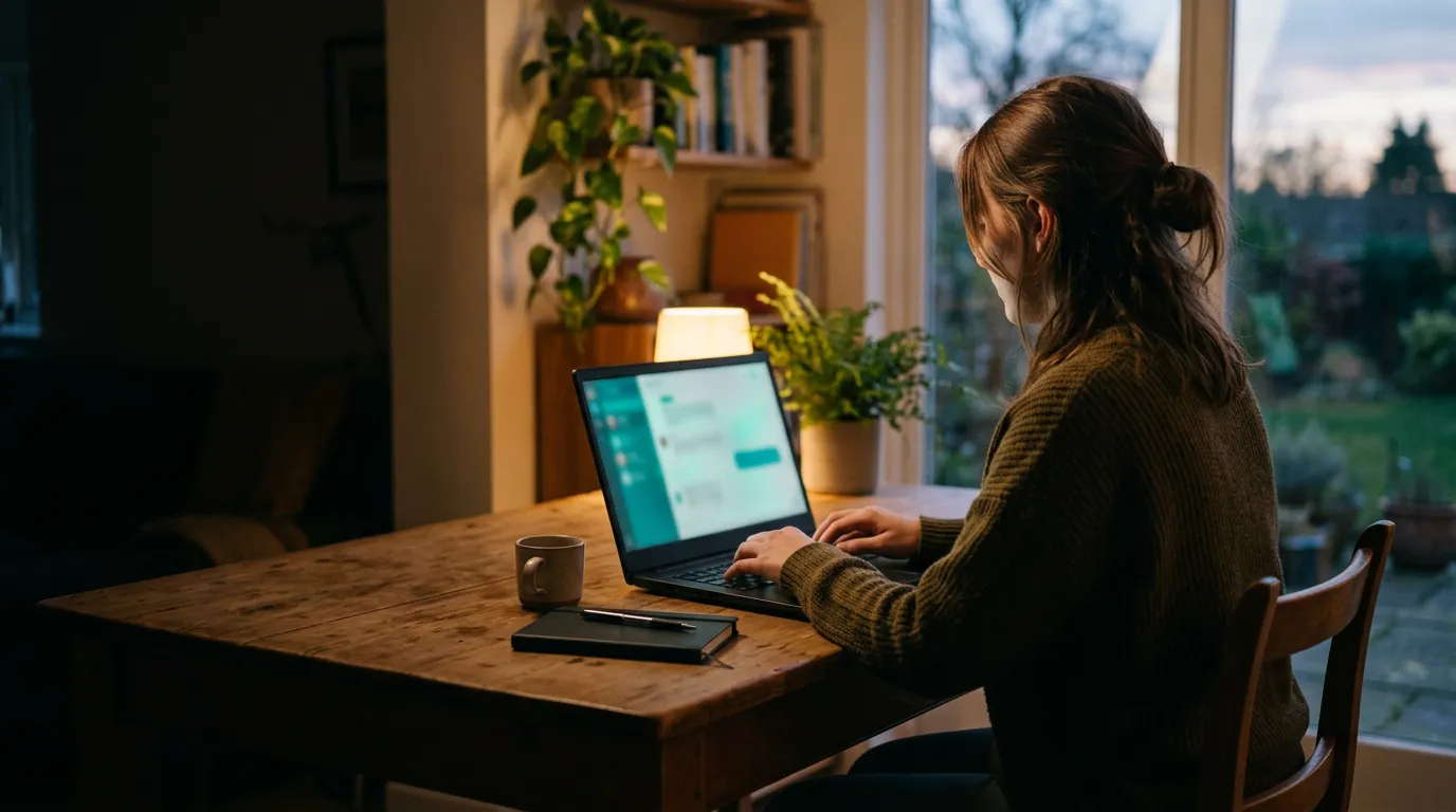 A person typing on a laptop at dusk, lit by a teal chat glow